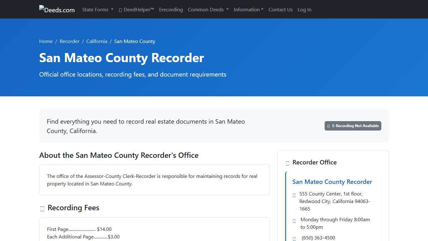 San Mateo County Recorder Information, California - Deeds.com